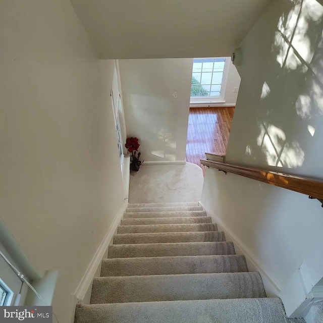 staircase featuring baseboards and wood finished floors