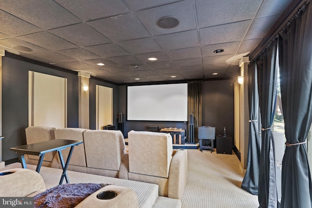 home theater room with carpet floors, a paneled ceiling, and recessed lighting