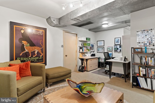 view of carpeted home office