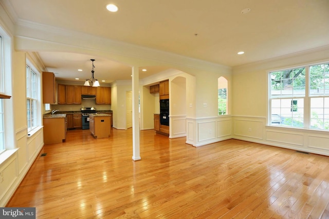 unfurnished living room with crown molding, light wood finished floors, recessed lighting, a decorative wall, and a sink