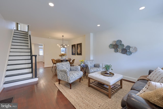 30 N Marshall St, Lancaster, PA 17602 - living room featuring visible vents, stairs, recessed lighting, an inviting chandelier, and wood-type flooring