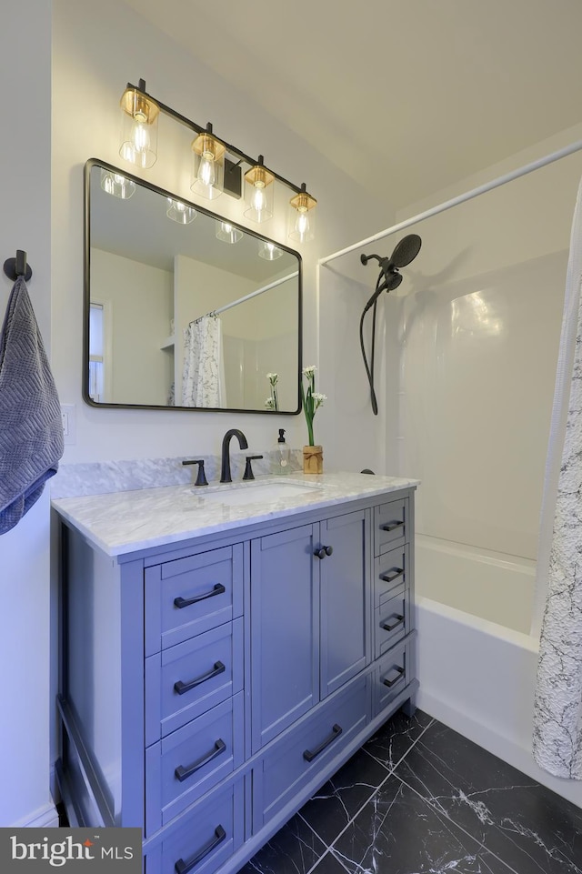 30 N Marshall St, Lancaster, PA 17602 - full bath with marble finish floor, shower / tub combo with curtain, and vanity