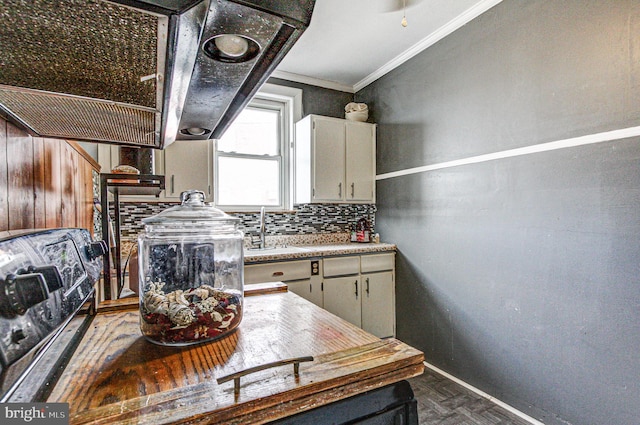 kitchen featuring crown molding, decorative backsplash, a sink, and light countertops