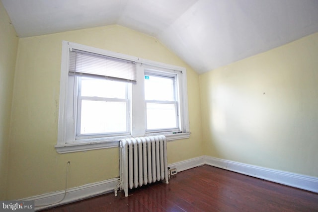 additional living space with radiator heating unit, baseboards, vaulted ceiling, and wood finished floors