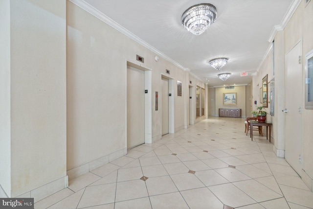 hallway featuring elevator, light tile patterned floors, ornamental molding, and a chandelier