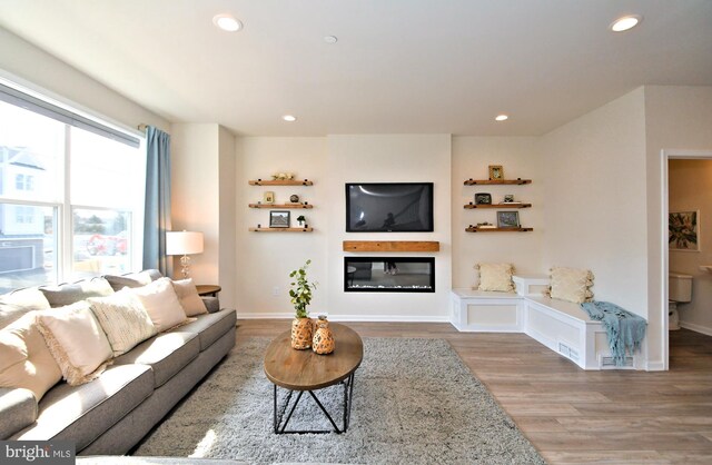 living area with a glass covered fireplace, wood finished floors, recessed lighting, and baseboards