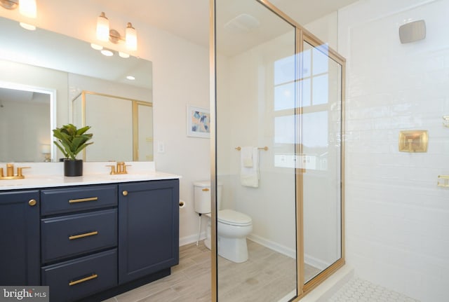 bathroom featuring toilet, a sink, wood finished floors, a shower stall, and double vanity