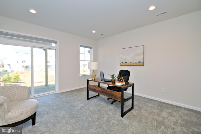 office area with visible vents, recessed lighting, baseboards, and carpet