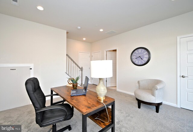 carpeted home office with recessed lighting, visible vents, and baseboards