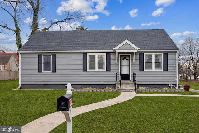 view of front facade featuring crawl space, a front lawn, roof with shingles, and a chimney