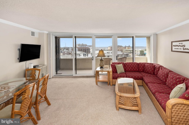 carpeted living area featuring visible vents, crown molding, and a textured ceiling