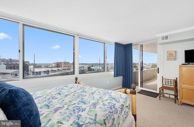 bedroom with access to outside, carpet floors, and visible vents