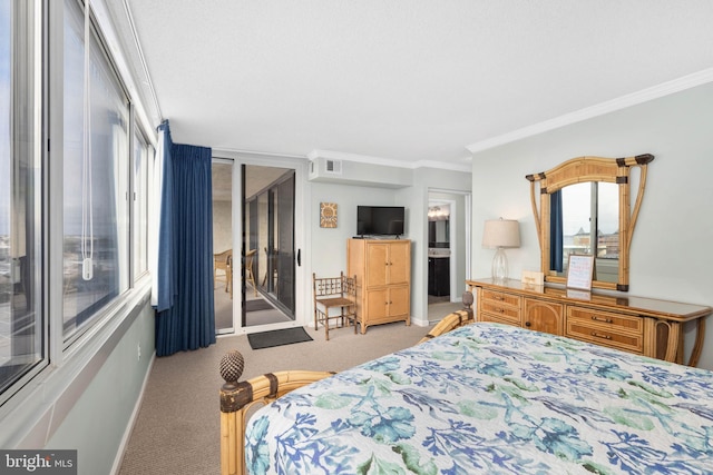 carpeted bedroom with access to outside, visible vents, ornamental molding, and baseboards