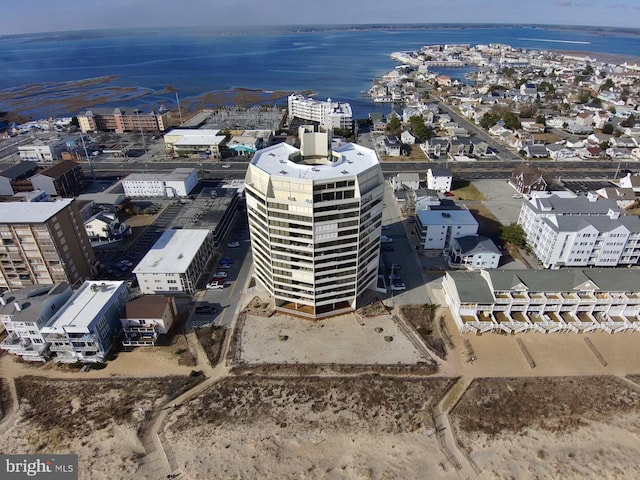 aerial view featuring a water view and a city view