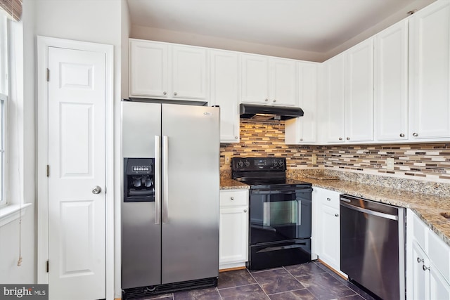 kitchen featuring stainless steel appliances, light stone counters, decorative backsplash, and under cabinet range hood