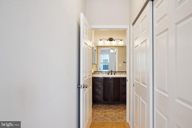 bathroom with wood finished floors and vanity