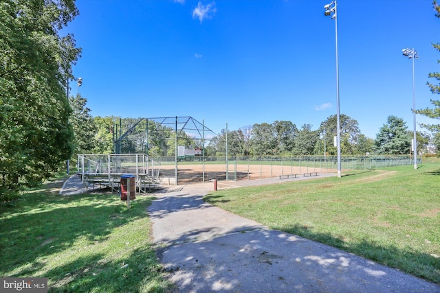 view of property's community with a yard and fence