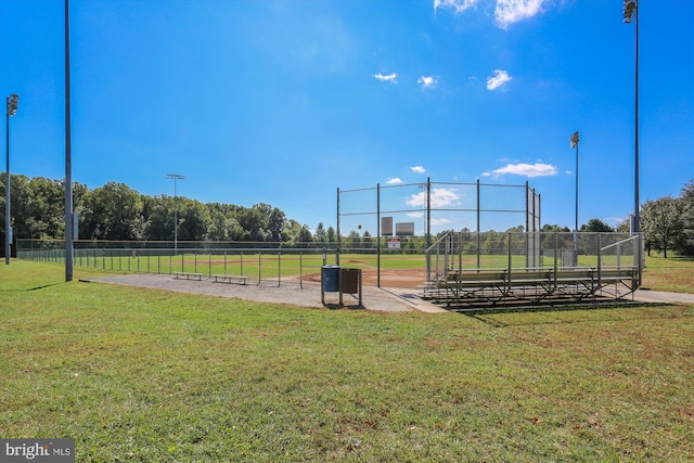 view of community featuring a lawn and fence