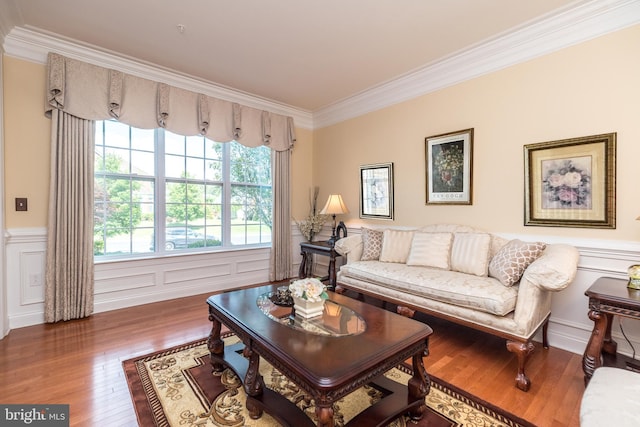 living room featuring a decorative wall, a wainscoted wall, wood finished floors, and ornamental molding