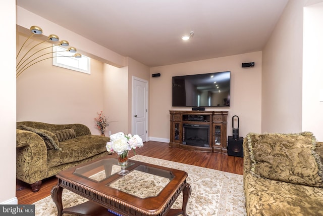 living area with a glass covered fireplace, baseboards, and wood finished floors