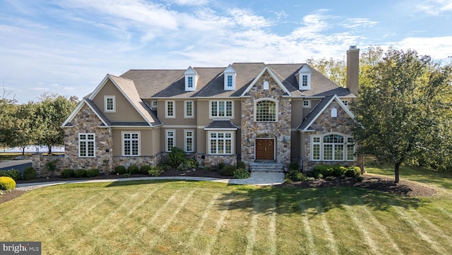 view of front of house with a front lawn, stone siding, and a chimney