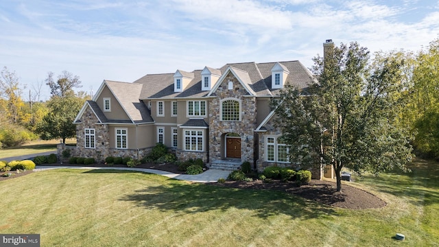 view of front of home with a front lawn, stone siding, and a chimney