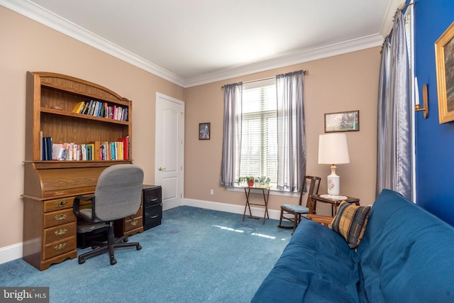 home office featuring baseboards, carpet floors, and ornamental molding