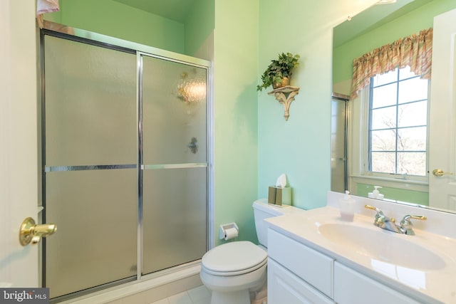 full bathroom featuring a wealth of natural light, toilet, a stall shower, and vanity