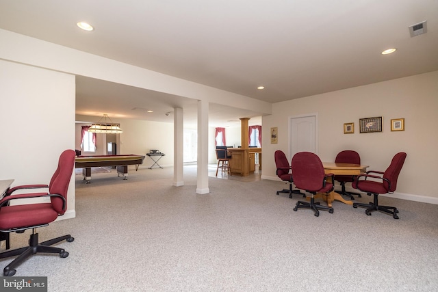 office space with visible vents, recessed lighting, pool table, and baseboards