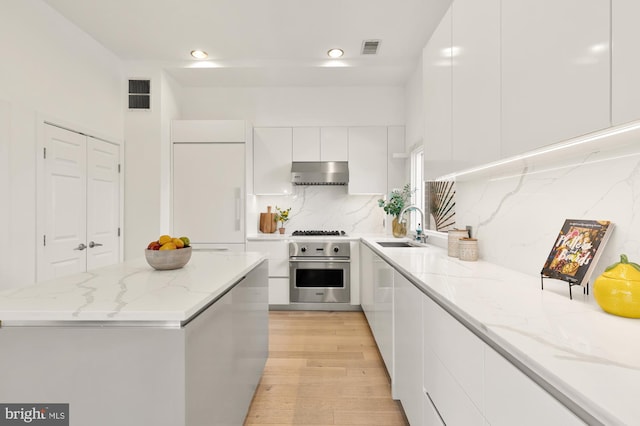 kitchen with visible vents, modern cabinets, stainless steel appliances, under cabinet range hood, and a sink