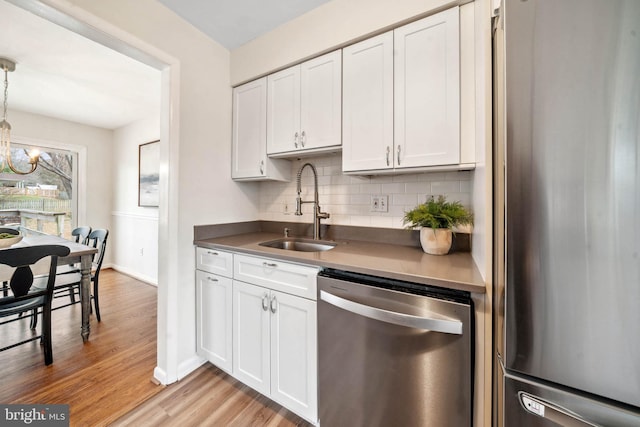 kitchen featuring a sink, white cabinets, light wood-style floors, appliances with stainless steel finishes, and backsplash