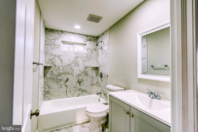 bathroom featuring shower / washtub combination, marble finish floor, visible vents, toilet, and vanity