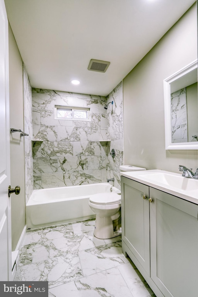 bathroom with toilet, shower / bath combination, visible vents, vanity, and marble finish floor