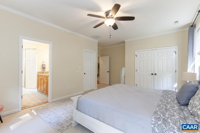 bedroom with a closet, visible vents, ornamental molding, light carpet, and baseboards