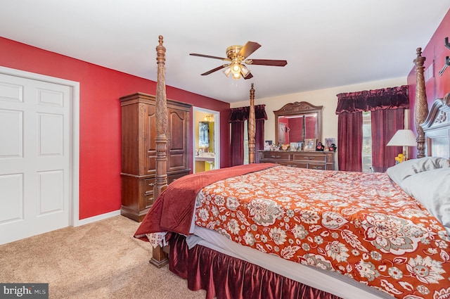 bedroom featuring carpet flooring, a ceiling fan, and baseboards