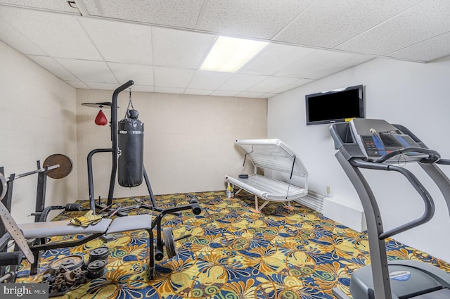 exercise room featuring concrete block wall and a drop ceiling