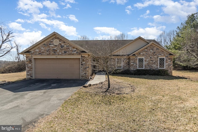 single story home featuring driveway, an attached garage, and a front lawn