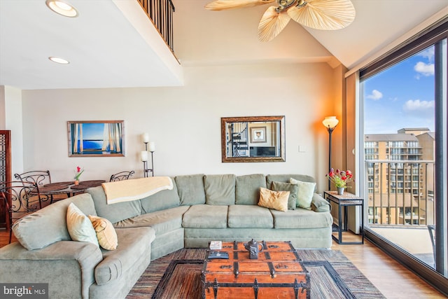 living room featuring wood finished floors, recessed lighting, and ceiling fan