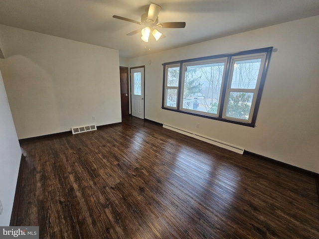 unfurnished room with dark wood-style flooring, a baseboard radiator, visible vents, ceiling fan, and baseboards