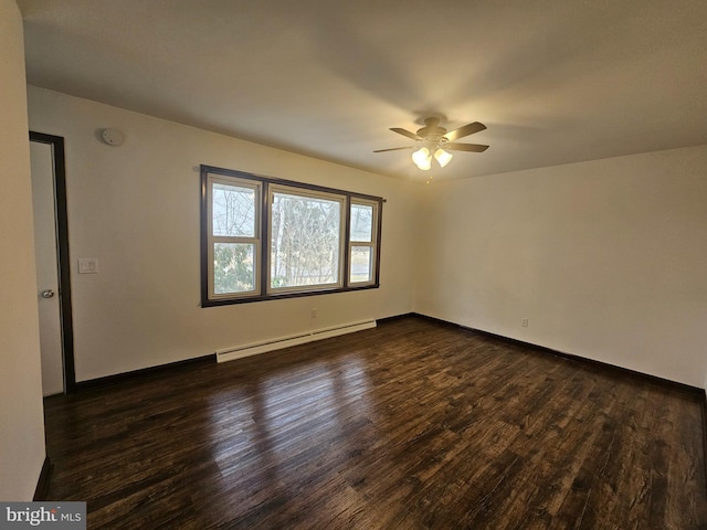 unfurnished room featuring a baseboard radiator, dark wood-style flooring, ceiling fan, and baseboards