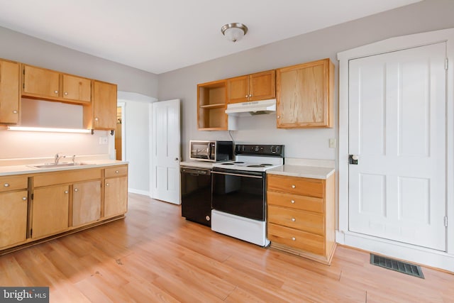 kitchen with visible vents, open shelves, electric range oven, black dishwasher, and stainless steel microwave