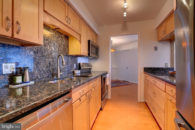 kitchen with backsplash, appliances with stainless steel finishes, light wood-style floors, a sink, and a textured ceiling