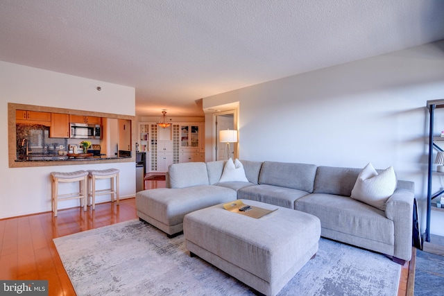 living room with a textured ceiling and wood finished floors