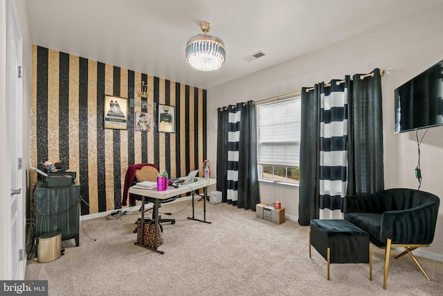 office area with baseboards, carpet flooring, visible vents, and a notable chandelier