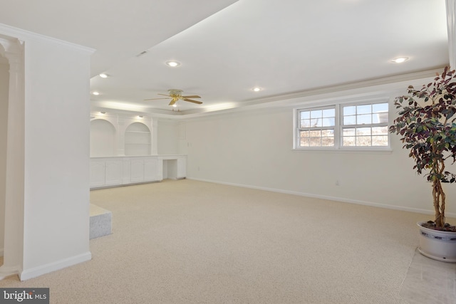 unfurnished room featuring ornamental molding, recessed lighting, carpet flooring, baseboards, and ceiling fan