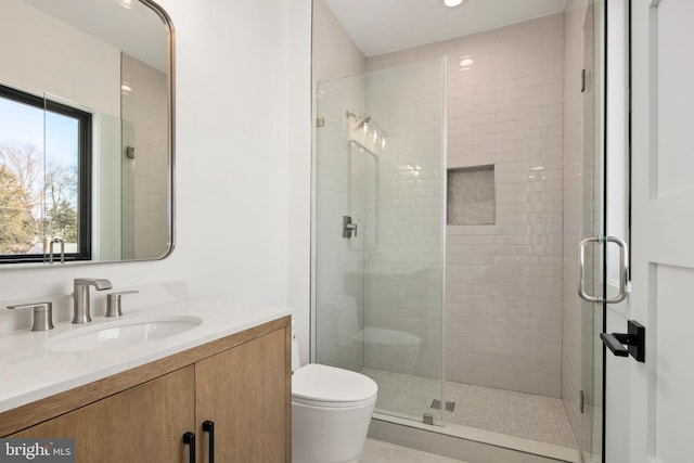 bathroom featuring toilet, a shower stall, and vanity