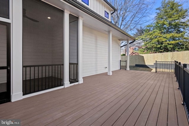 wooden terrace featuring fence