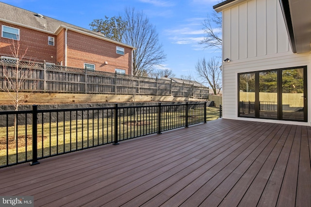 wooden deck with a fenced backyard