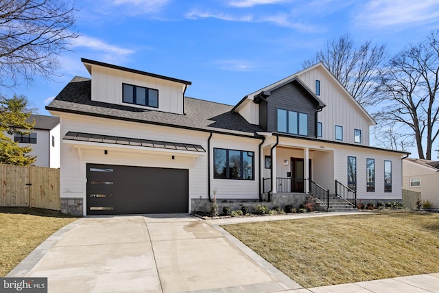 modern inspired farmhouse featuring a shingled roof, fence, board and batten siding, and concrete driveway