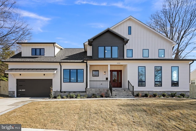 modern inspired farmhouse with roof with shingles, a porch, board and batten siding, a garage, and driveway